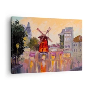 Tablou pe pânză Canvas - Moara de vânt roșie a Moulin Rouge înconjurată de peisajul urban - 70x50cm - Icoane pariziene - Moulin Rouge - Decorațiune modernă pentru perete pentru living și dormitor ARTTOR