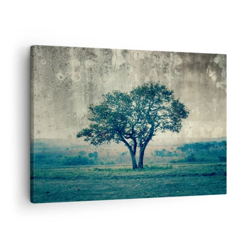 Tablou pe pânză Canvas - Un copac singuratic pe fundalul unui peisaj cețos - 70x50cm - Un măr pe o pajiște albastră? - Decorațiune modernă pentru perete pentru living și dormitor ARTTOR