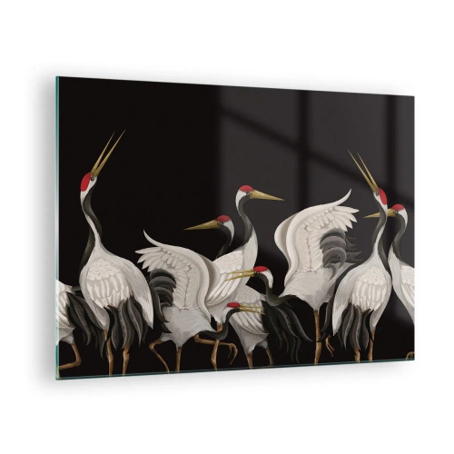 Tablou pe sticlă - Macarale albe cu capete roșii pe fundal negru - 70x50cm - Problemele importante ale păsărilor - Decorațiune modernă pentru perete pentru living și dormitor ARTTOR