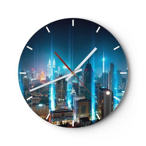 Ceas de perete - Ceas pe sticlă - Oraș de noapte cu zgârie-nori iluminați - 30x30cm - Prin Berlin spre cer - Decorațiune modernă pentru perete pentru living, bucătărie și dormitor ARTTOR