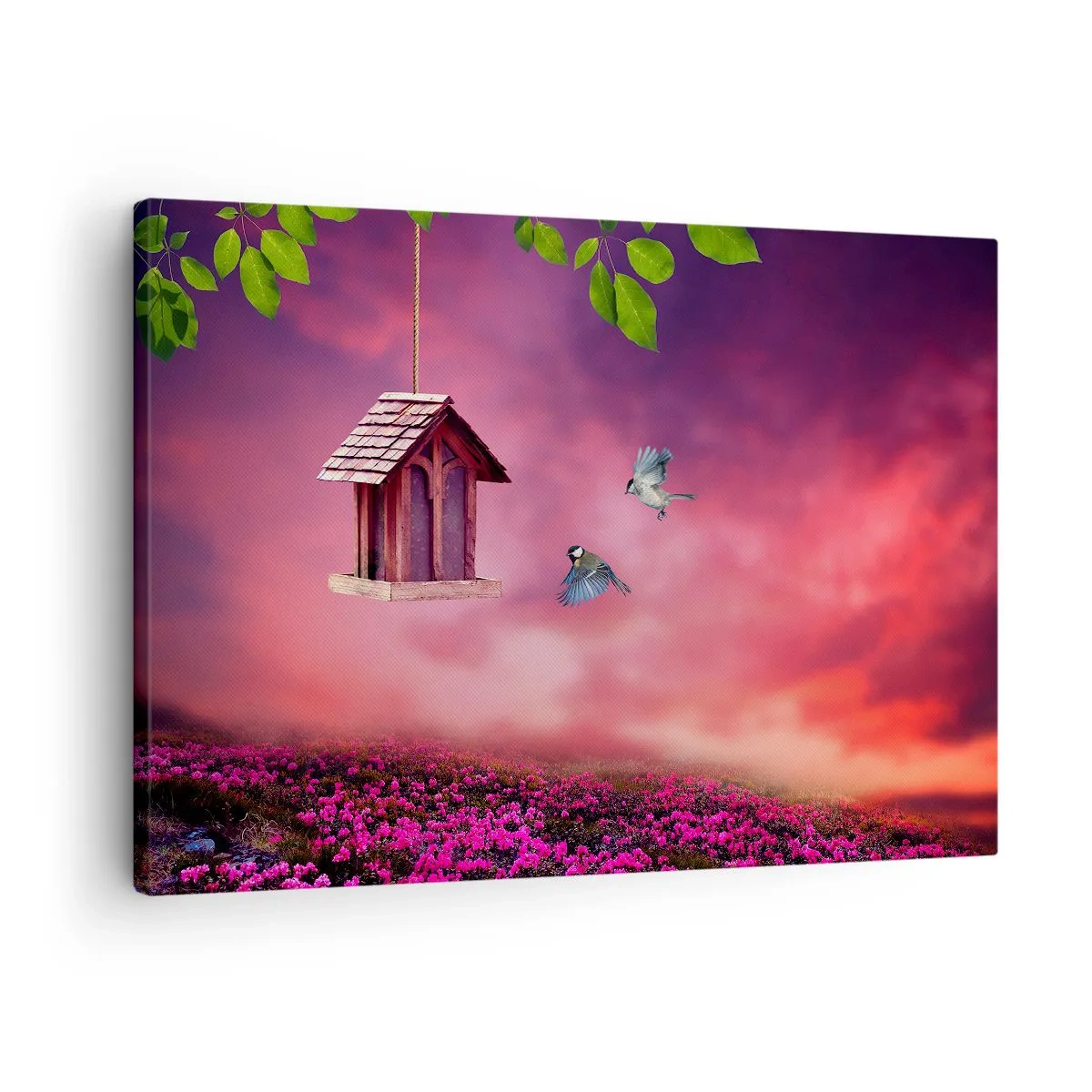 Tablou pe pânză Canvas - Un peisaj pitoresc cu o căsuță pentru păsări și un apus de soare - 70x50cm - Invitație la cină - Decorațiune modernă pentru perete pentru living și dormitor ARTTOR