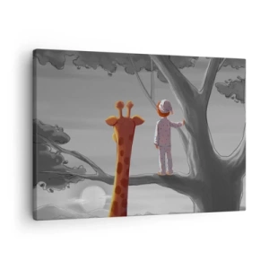 Tablou pe pânză Canvas - Un copil și o girafă pe o creangă de copac într-un peisaj de basm - 70x50cm - Acest lucru se întâmplă cu adevărat - Decorațiune modernă pentru perete pentru living și dormitor ARTTOR