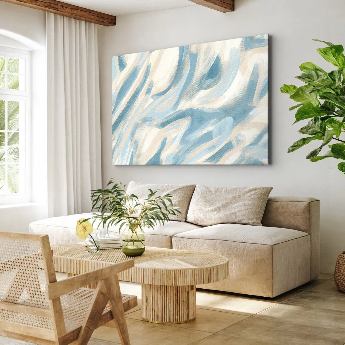 Tablou pe pânză Canvas - Dungi albastre abstracte pe un fundal deschis - 70x50cm - Brize de primăvară - Decorațiune modernă pentru perete pentru living și dormitor ARTTOR
