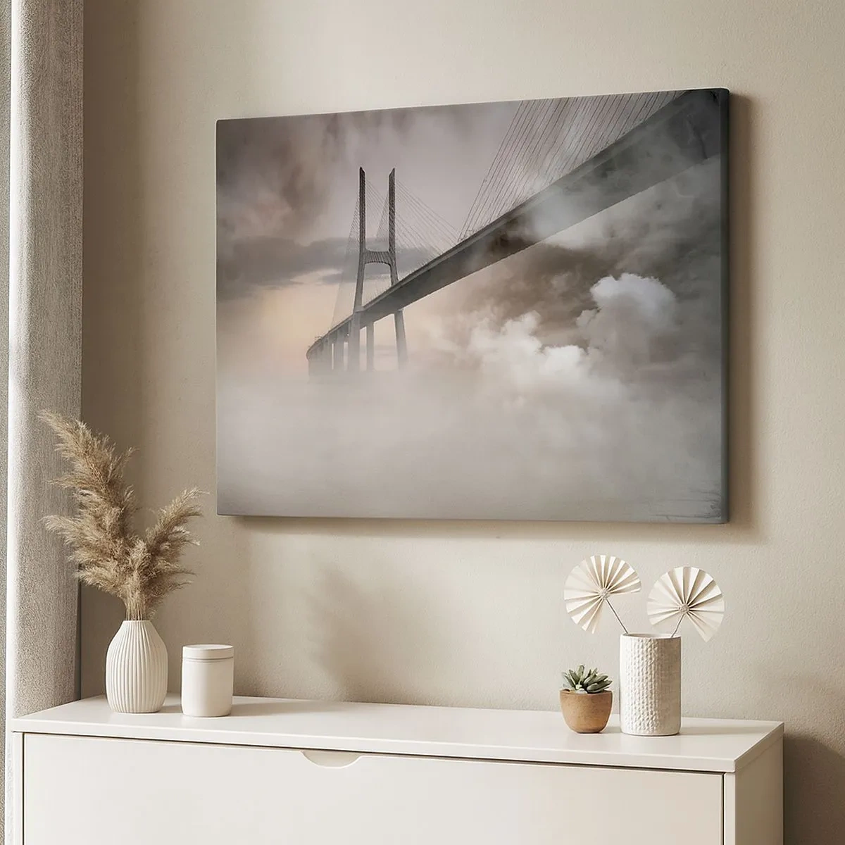 Tablou pe pânză Canvas - Un pod peste un râu înconjurat de ceață dimineața - 70x50cm - Lângă un râu care nu există - Decorațiune modernă pentru perete pentru living și dormitor ARTTOR