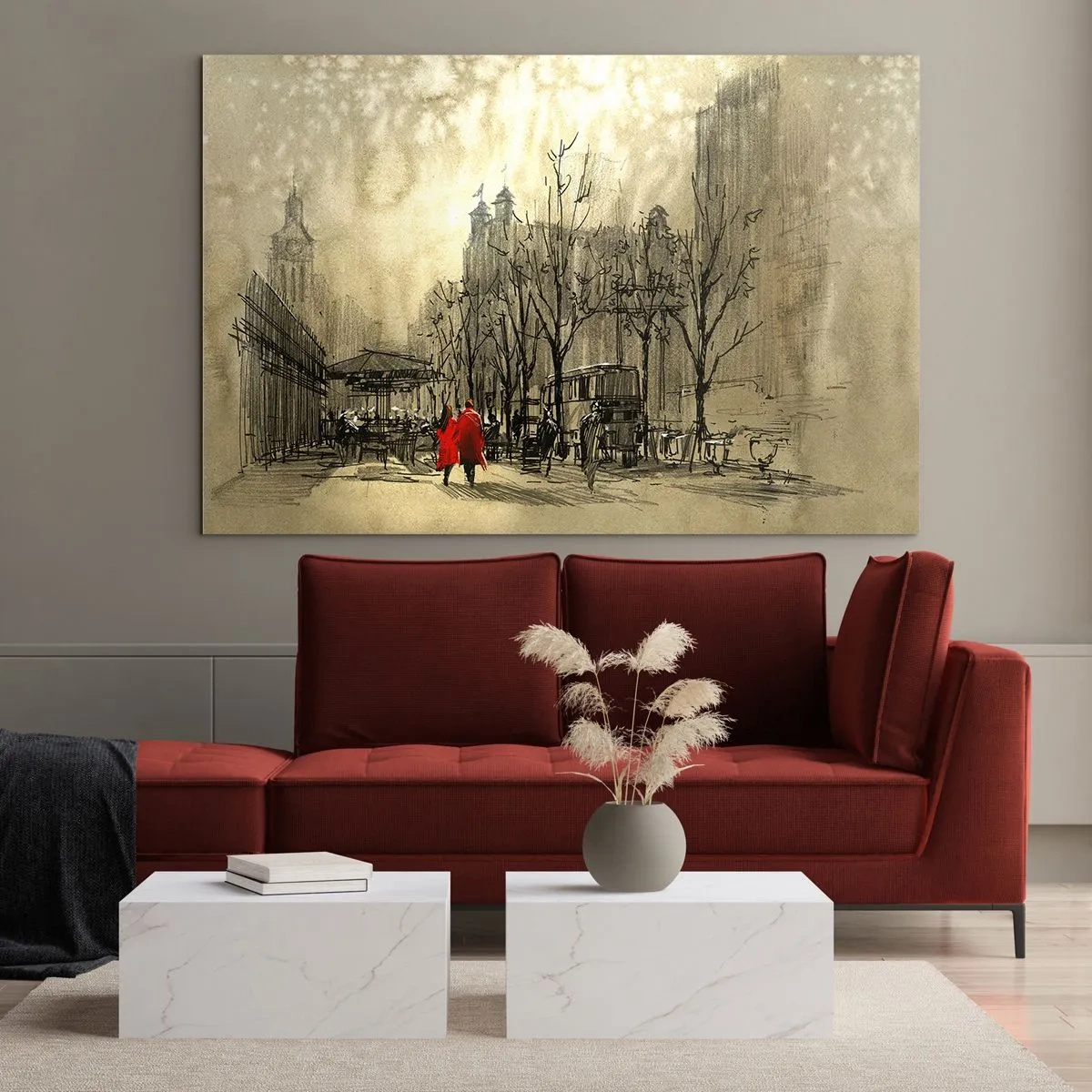 Tablou pe sticlă - O întâlnire în ceața londoneză cu un accent de haină roșie - 70x50cm - O întâlnire în ceața londoneză - Decorațiune modernă pentru perete pentru living și dormitor ARTTOR