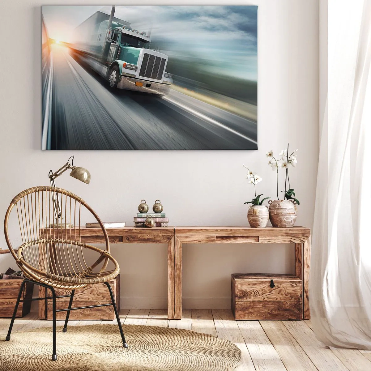 Tablou pe pânză Canvas - Un camion pe autostradă în mișcare la apus - 70x50cm - Gigant american în mișcare - Decorațiune modernă pentru perete pentru living și dormitor ARTTOR
