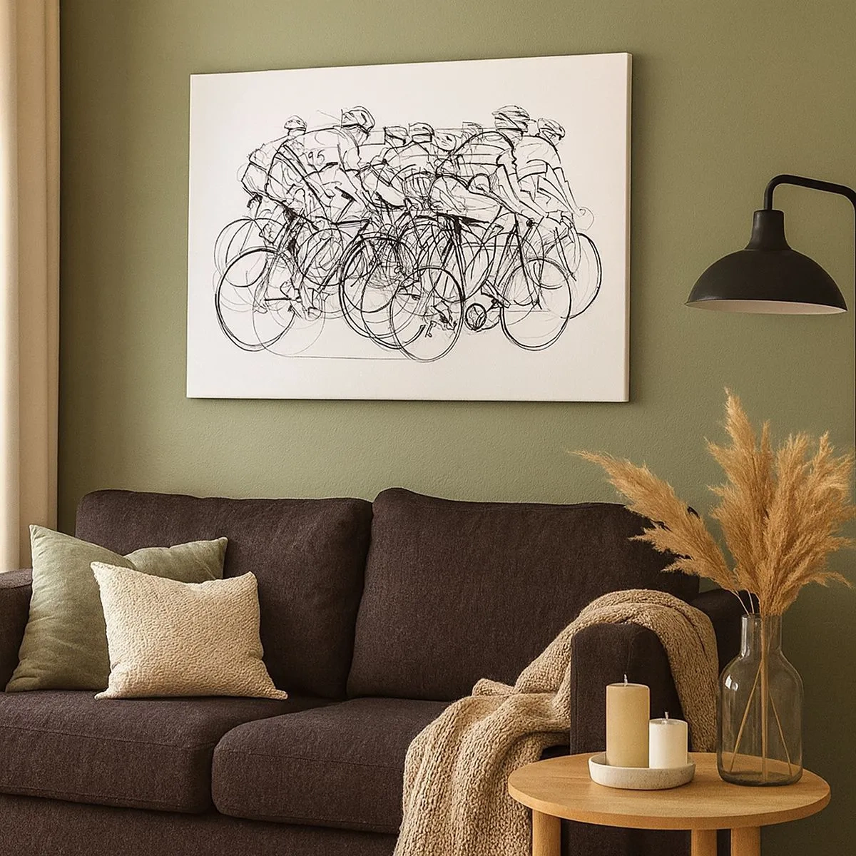 Tablou pe pânză Canvas - Un grup de cicliști în mișcare într-un stil minimalist - 70x50cm - Mână în mână - Decorațiune modernă pentru perete pentru living și dormitor ARTTOR