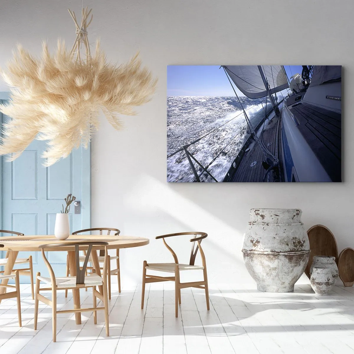 Tablou pe pânză Canvas - O barcă cu pânze într-o mare furtunoasă, cu vele albe și o punte de lemn. - 70x50cm - Știu ce înseamnă să fii o pasăre - Decorațiune modernă pentru perete pentru living și dormitor ARTTOR