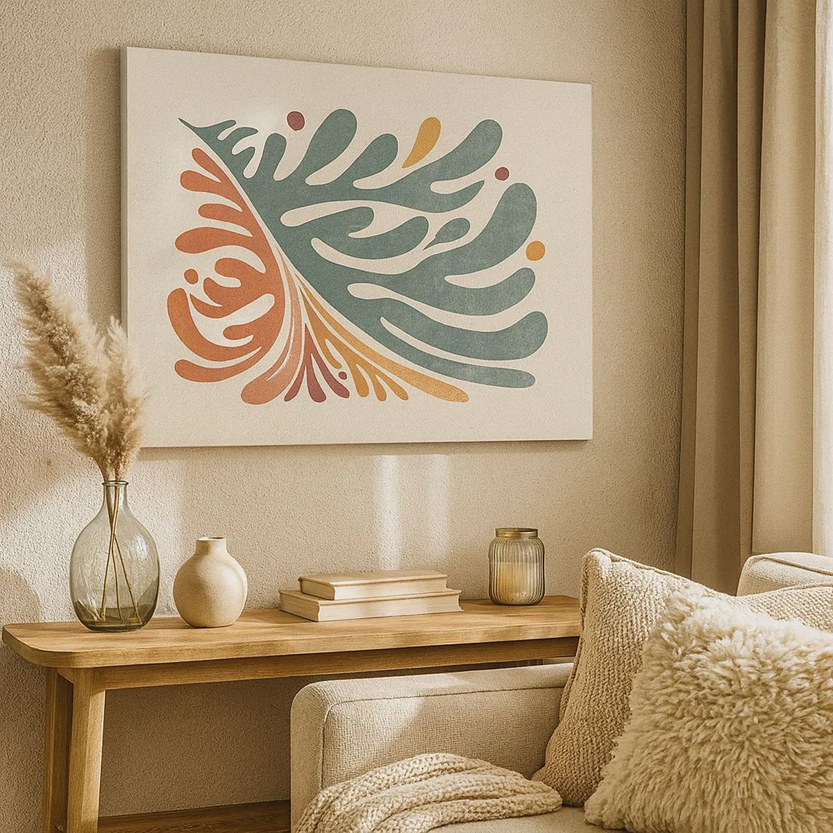 Tablou pe pânză Canvas - Frunză abstractă colorată pe un fundal deschis - 70x50cm - Frunză multicoloră - Decorațiune modernă pentru perete pentru living și dormitor ARTTOR