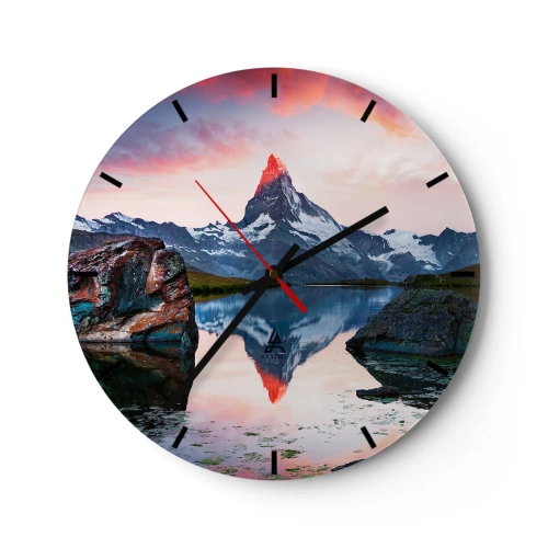 Ceas de perete - Ceas pe sticlă - Matterhornul reflectându-se într-un lac liniștit la apus - 30x30cm - Inima munților este fierbinte - Decorațiune modernă pentru perete pentru living, bucătărie și dormitor ARTTOR