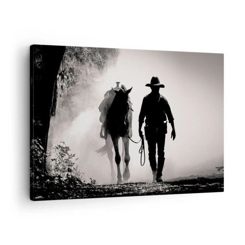 Tablou pe pânză Canvas - Cowboy cu cal în ceața dimineții - 70x50cm - Texas de dimineața - Decorațiune modernă pentru perete pentru living și dormitor ARTTOR