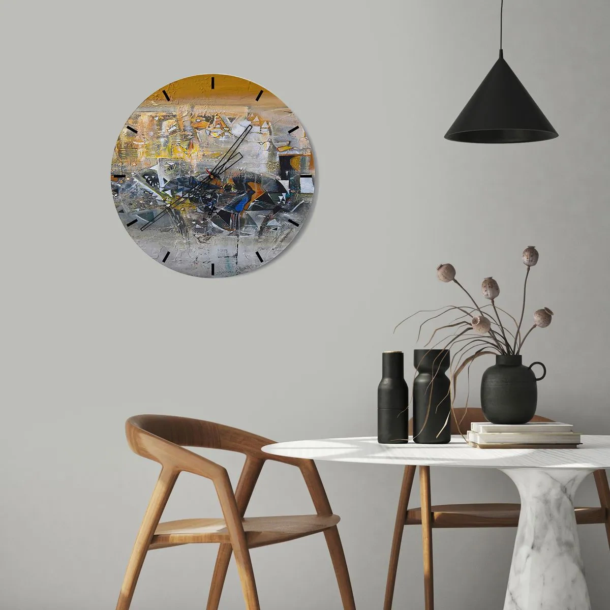 Ceas de perete - Ceas pe sticlă - Colaj abstract în nuanțe de galben și gri - 30x30cm - Totul va fi bine - Decorațiune modernă pentru perete pentru living, bucătărie și dormitor ARTTOR