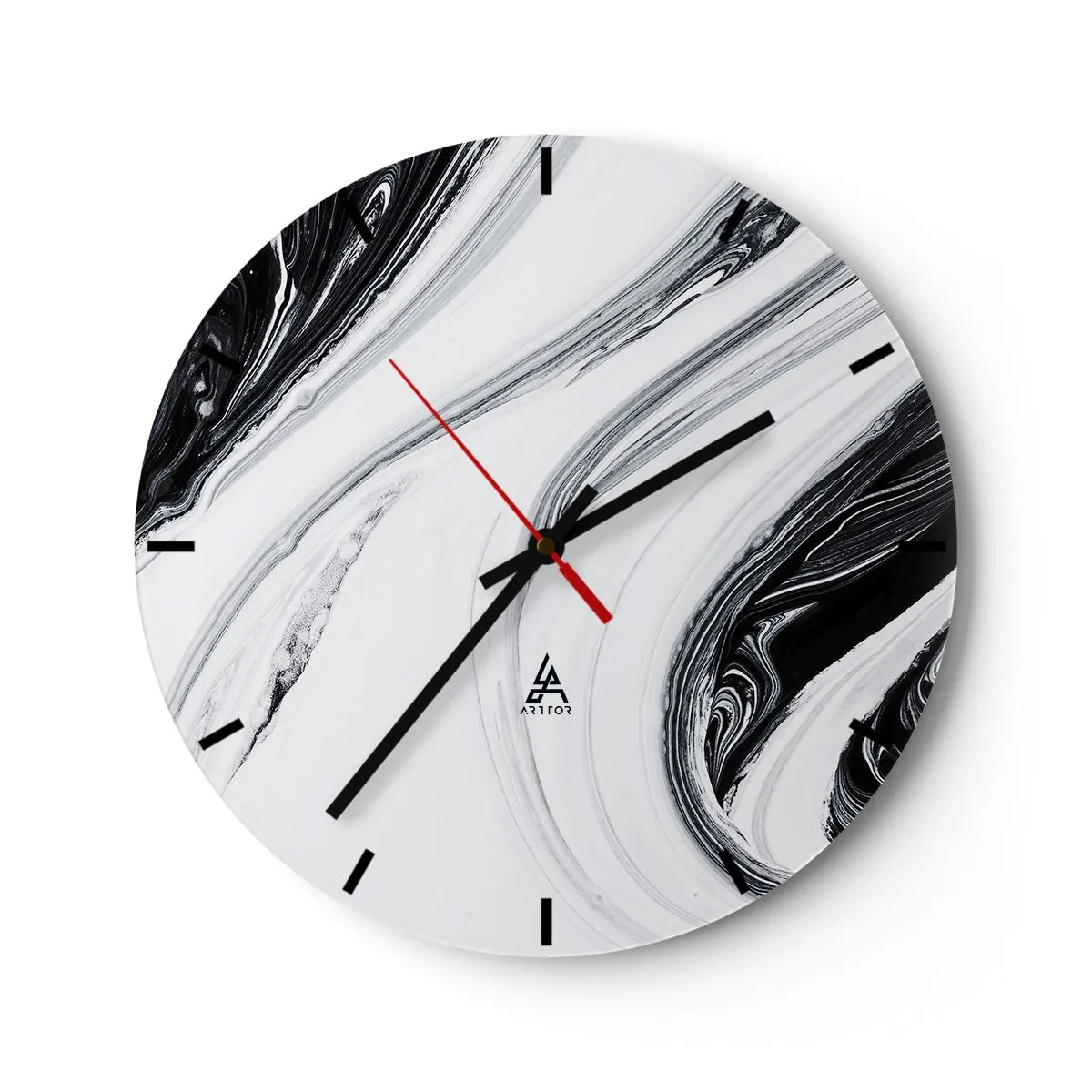 Ceas de perete - Ceas pe sticlă - Liniile abstracte albe și negre creează un model fluid, contrastant. - 30x30cm - Combinație de contrarii - Decorațiune modernă pentru perete pentru living, bucătărie și dormitor ARTTOR