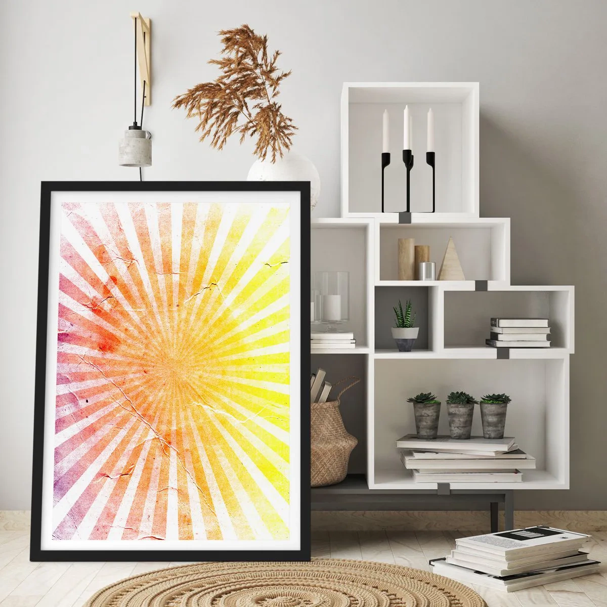 Poster în ramă neagră - Model abstract de raze în nuanțe de galben și roșu - 50x70cm - Răsărituri și apusuri de soare - Decorațiune modernă pentru perete pentru living și dormitor ARTTOR