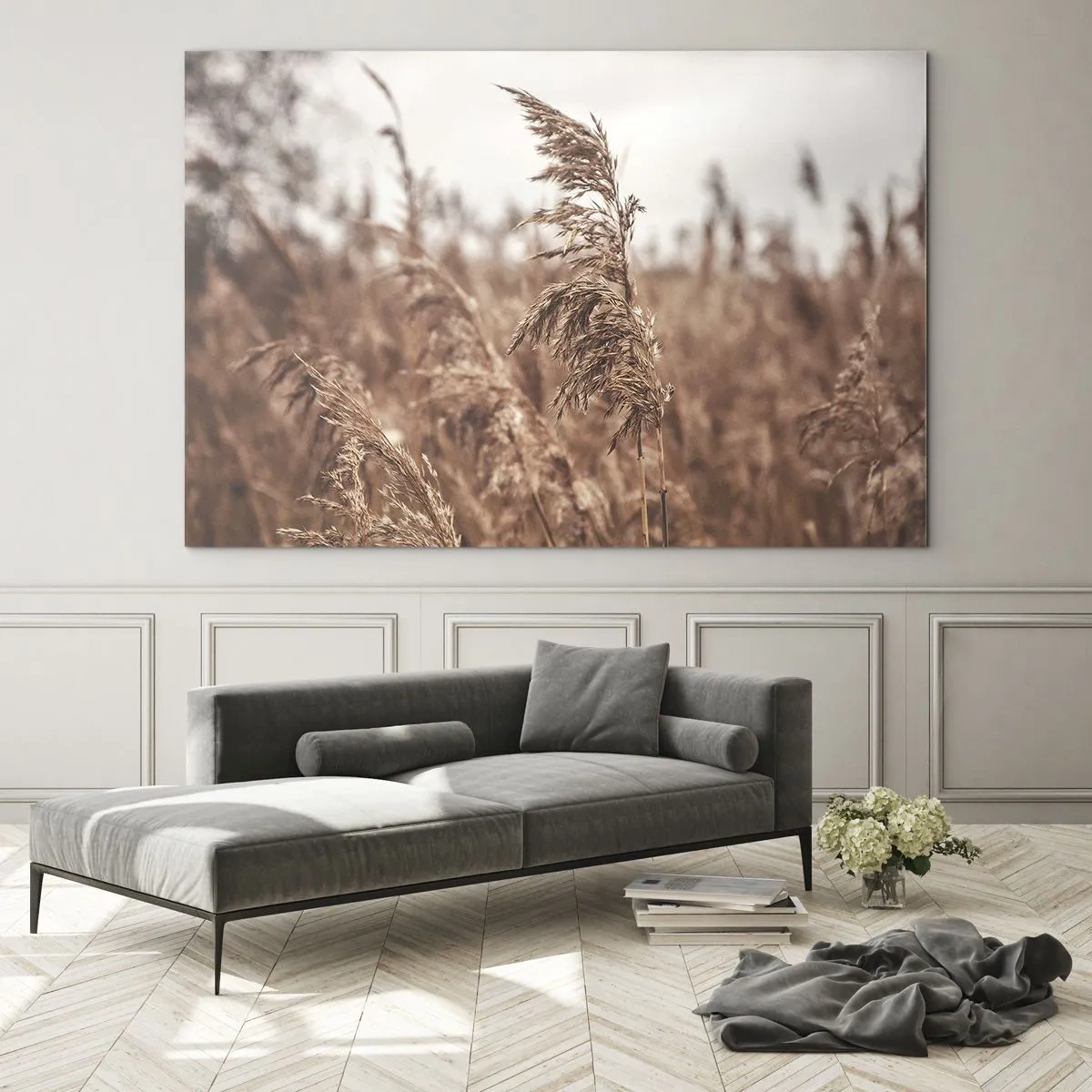 Tablou pe sticlă - Ierburi uscate în vânt în lumina toamnei a naturii - 70x50cm - Toamna pe câmpuri - Decorațiune modernă pentru perete pentru living și dormitor ARTTOR