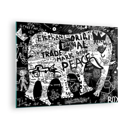 Tablou pe sticlă - Imagine graffiti alb-negru cu teme de pace și libertate - 70x50cm - Lumea bogată a străzii - Decorațiune modernă pentru perete pentru living și dormitor ARTTOR