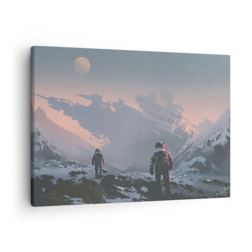 Tablou pe pânză Canvas - Astronauți pe o planetă extraterestră cu o epavă a navei spațiale - 70x50cm - Sub o stea necunoscută - Decorațiune modernă pentru perete pentru living și dormitor ARTTOR