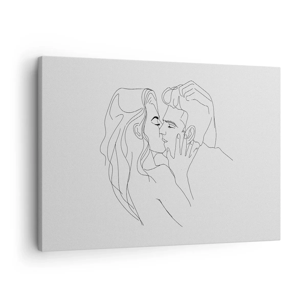 Tablou pe pânză Canvas - Schița unui cuplu sărutându-se pe un fundal deschis - 70x50cm - Cu aceeași linie - Decorațiune modernă pentru perete pentru living și dormitor ARTTOR
