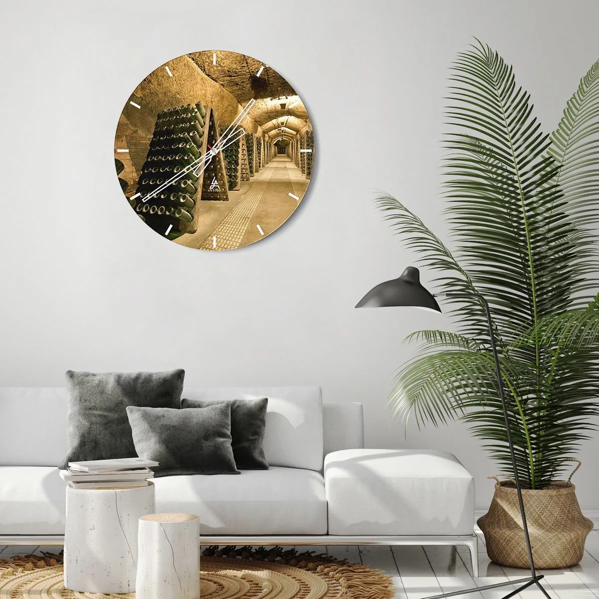 Ceas de perete - Ceas pe sticlă - O pivniță de vinuri și rânduri de sticle pe rafturi - 30x30cm - Nașterea gustului - Decorațiune modernă pentru perete pentru living, bucătărie și dormitor ARTTOR