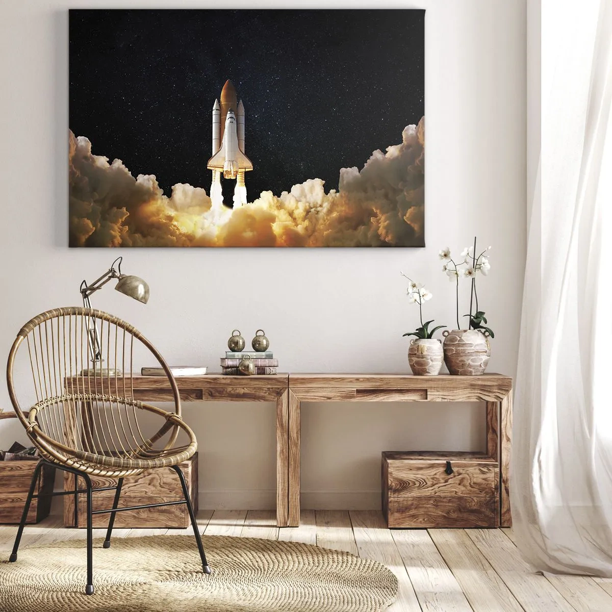 Tablou pe pânză Canvas - O rachetă spațială decolând pe cerul înstelat - 70x50cm - Ad astra! - Decorațiune modernă pentru perete pentru living și dormitor ARTTOR