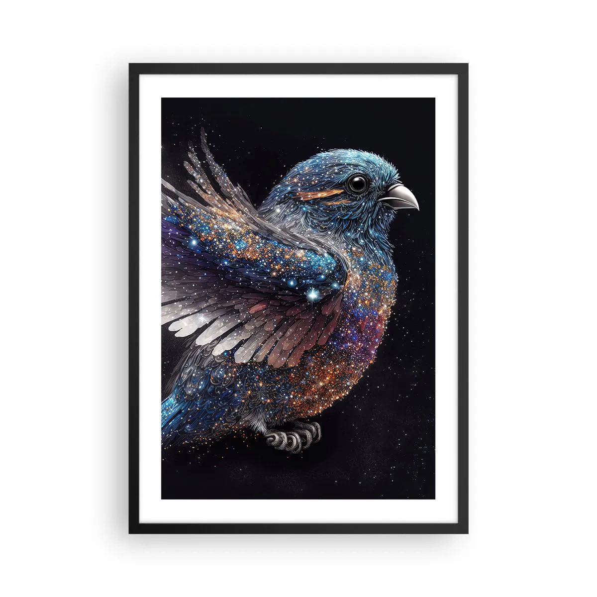 Poster în ramă neagră - O pasăre spațială cu penaj stelar pe fundal negru - 50x70cm - Vrăbiuța de diamant - Decorațiune modernă pentru perete pentru living și dormitor ARTTOR