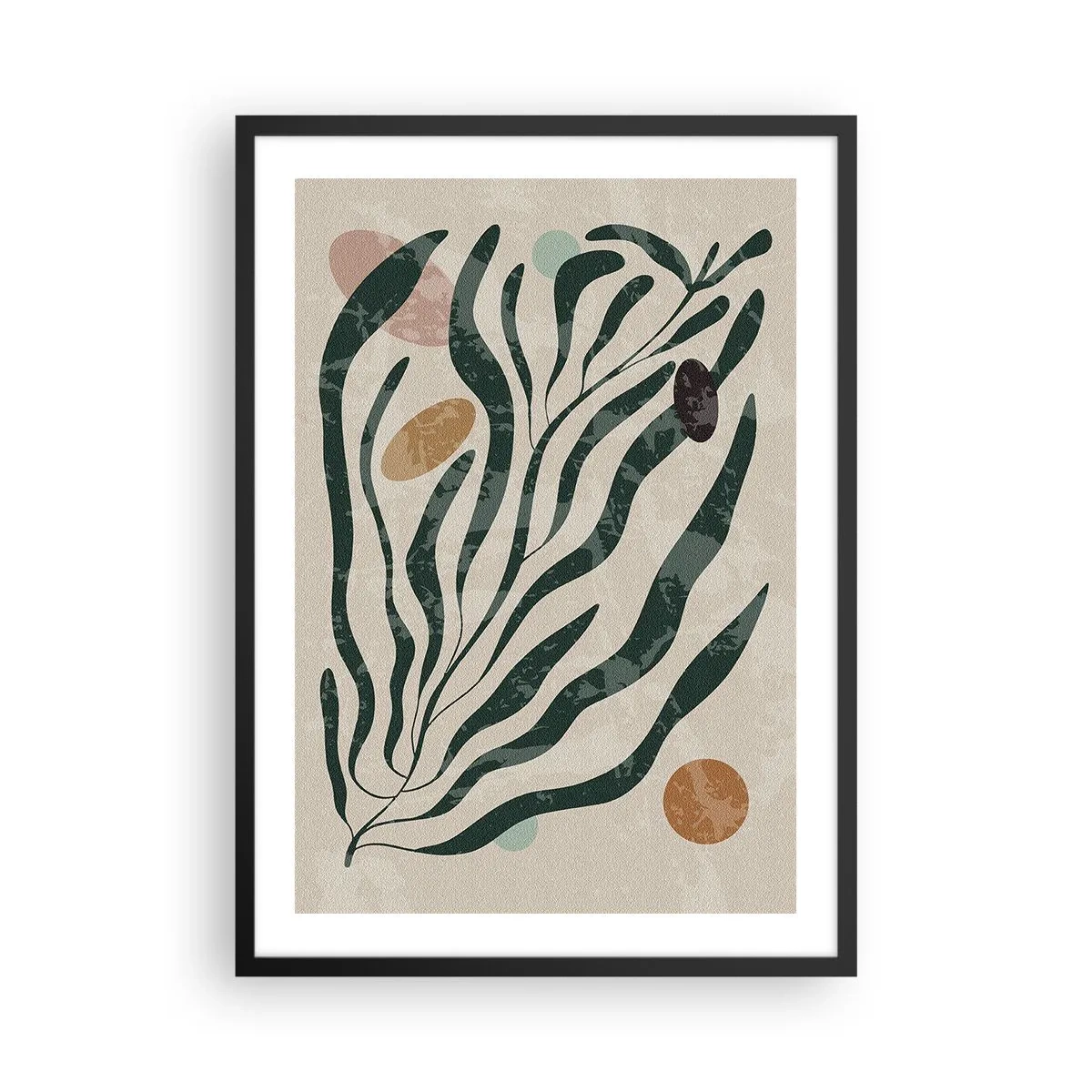 Poster în ramă neagră - Compoziție vegetală abstractă în verde și bej - 50x70cm - În mijlocul vegetației - Decorațiune modernă pentru perete pentru living și dormitor ARTTOR