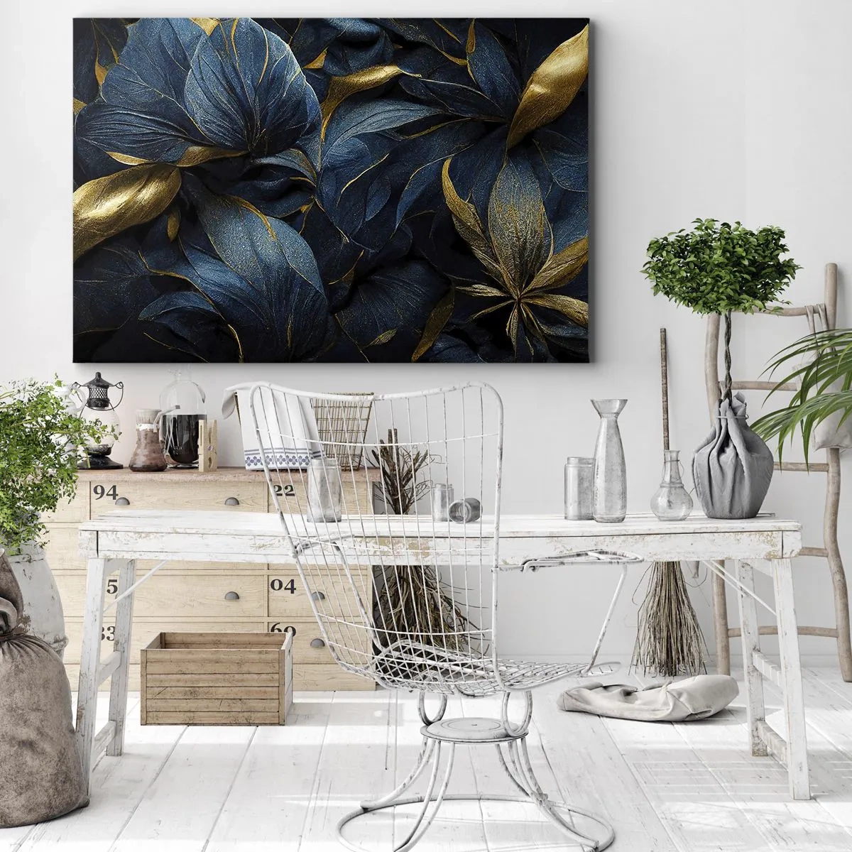 Tablou pe pânză Canvas - Frunze elegante în nuanțe de auriu și albastru marin - 70x50cm - Căptușită cu aur - Decorațiune modernă pentru perete pentru living și dormitor ARTTOR