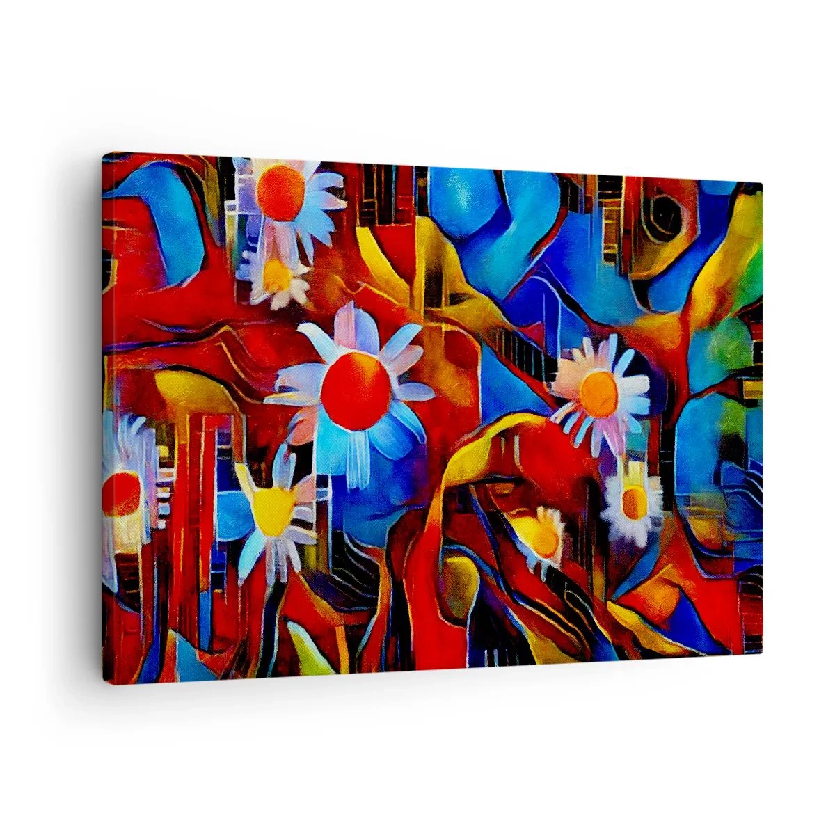 Tablou pe pânză Canvas - Flori abstracte pe un fundal de modele geometrice - 70x50cm - Culorile vieții - Decorațiune modernă pentru perete pentru living și dormitor ARTTOR