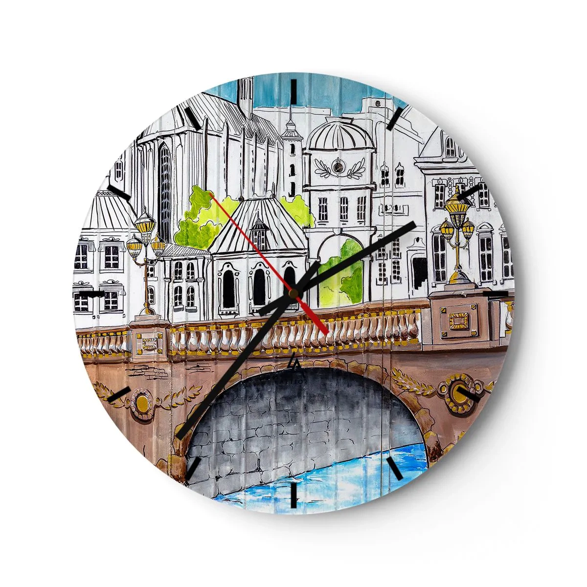 Ceas de perete - Ceas pe sticlă - Ilustrație a arhitecturii urbane cu un pod - 30x30cm - Orașul frumos ca o pictură - Decorațiune modernă pentru perete pentru living, bucătărie și dormitor ARTTOR