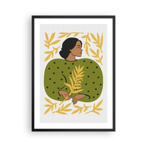 Poster în ramă neagră - Portretul unei femei într-o rochie verde cu o frunză galbenă, cu un model delicat - 50x70cm - Fata hawaiiană - Decorațiune modernă pentru perete pentru living și dormitor ARTTOR