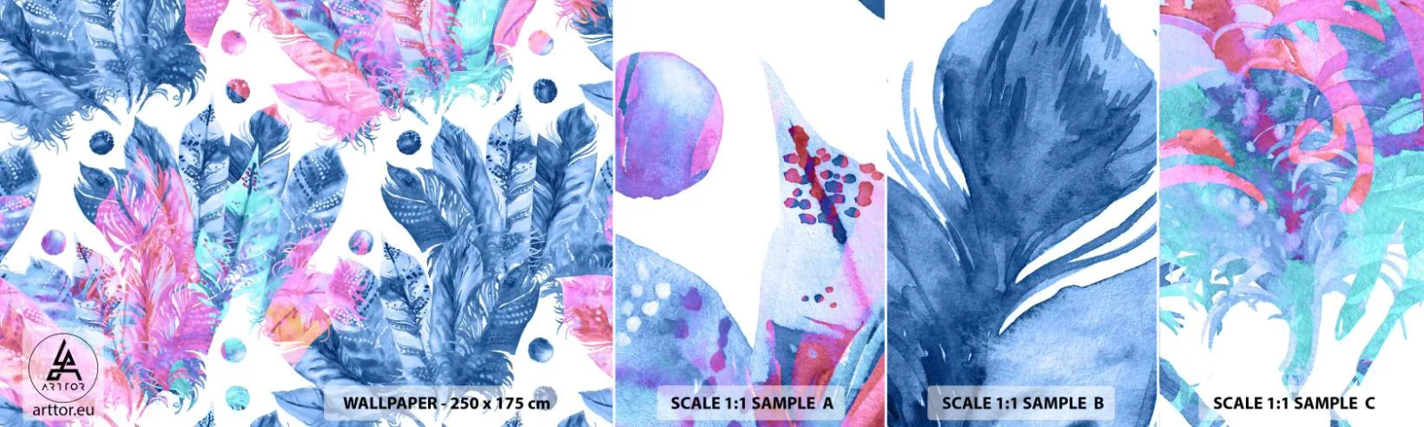 Mostră tapet autocolant Deluxe Sticker - Pene în alb și albastru - Pene de pasăre, Ilustrație colorată, Grafică - 100x30 cm