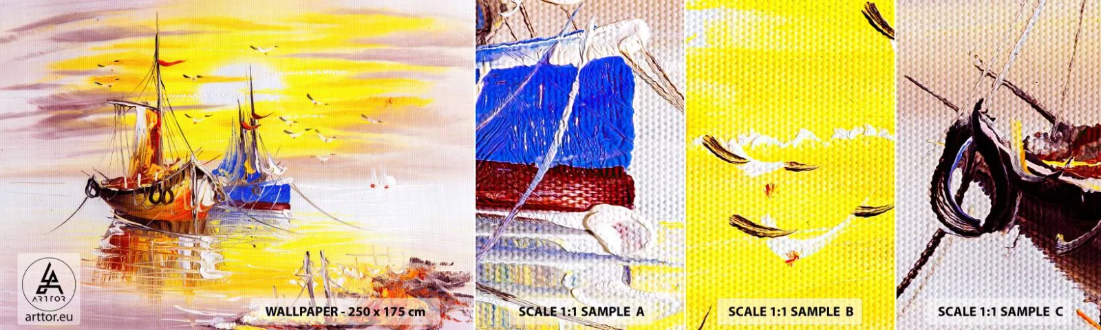 Mostră de Tapet Standard Eco - O binemeritată odihnă în port - Barca de pescuit, Pescuit, Păsări - 100x30 cm