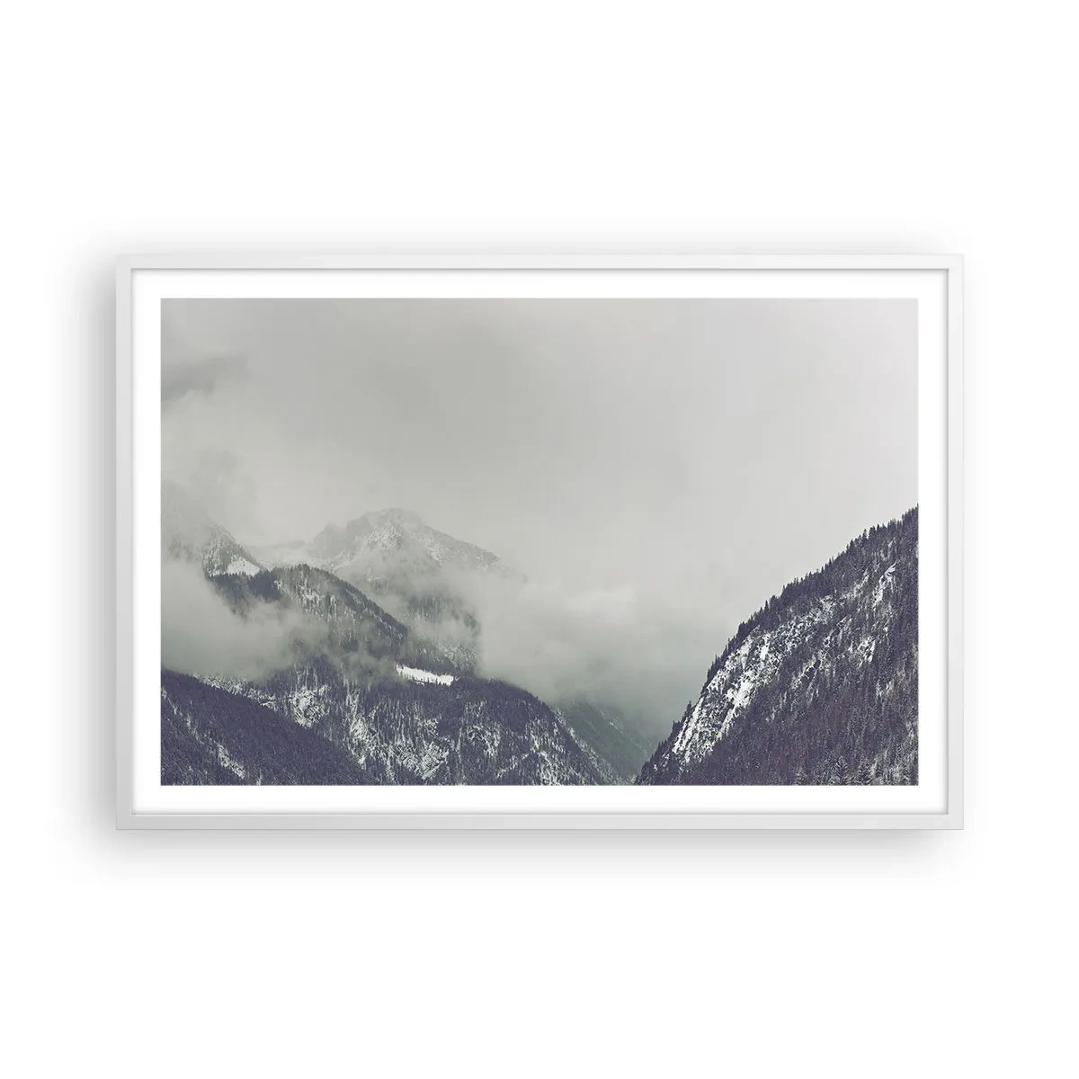 Poster în ramă albă - Valea cețoasă - 91x61 cm