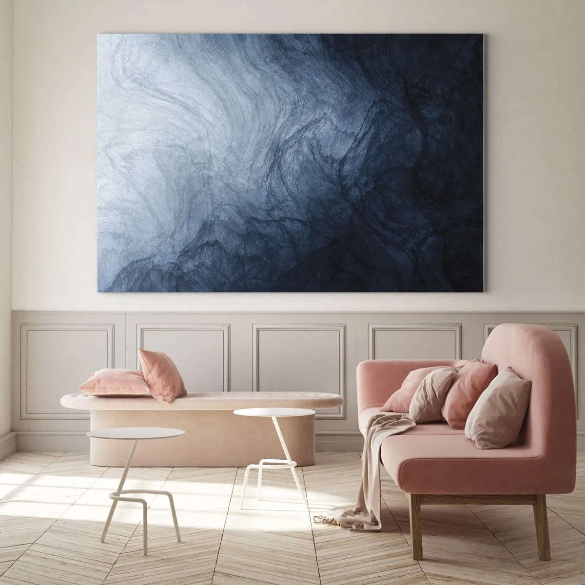 Tablou pe sticlă - Adâncime abstractă în nuanțe de albastru marin și gri - 70x50cm - În adâncuri - Decorațiune modernă pentru perete pentru living și dormitor ARTTOR