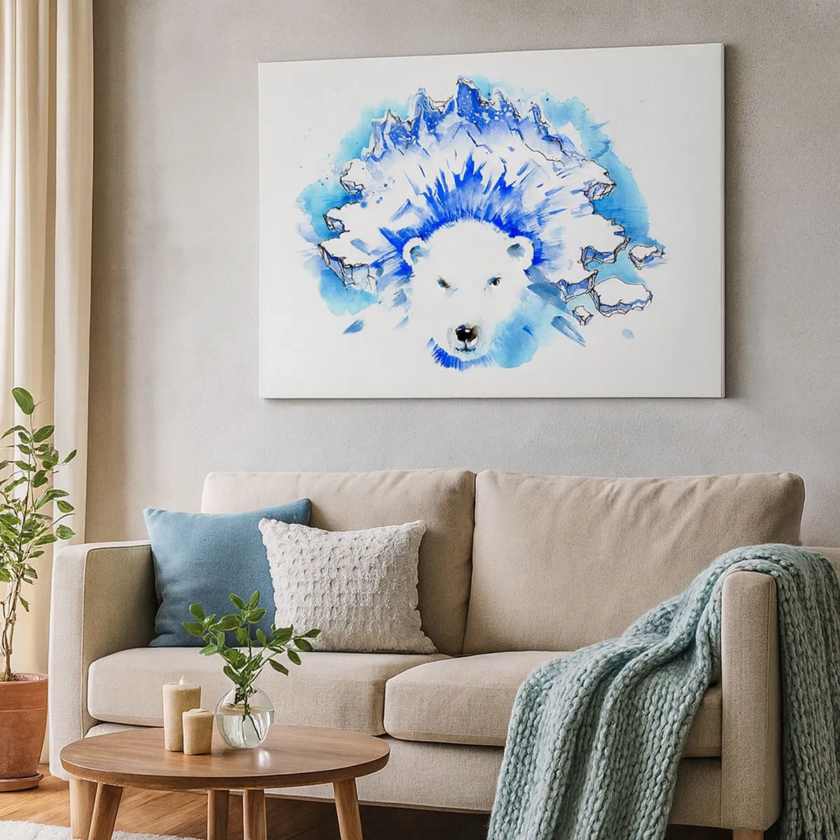 Tablou pe pânză Canvas - Pictură artistică în acuarelă a unui urs polar cu motiv de gheață - 70x50cm - Regele Arcticii într-o coroană de gheață - Decorațiune modernă pentru perete pentru living și dormitor ARTTOR