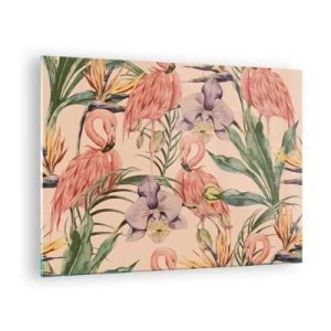 Tablou pe sticlă - Flamingo înconjurat de flori și plante tropicale - 70x50cm - Balet floral roz - Decorațiune modernă pentru perete pentru living și dormitor ARTTOR