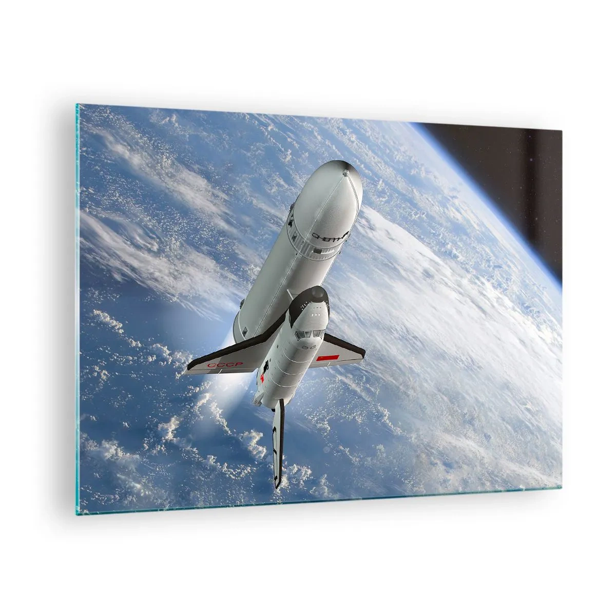 Tablou pe sticlă - O navetă spațială decolează în spațiu cu Pământul în fundal. - 70x50cm - Ascensiunea cosmică - Decorațiune modernă pentru perete pentru living și dormitor ARTTOR