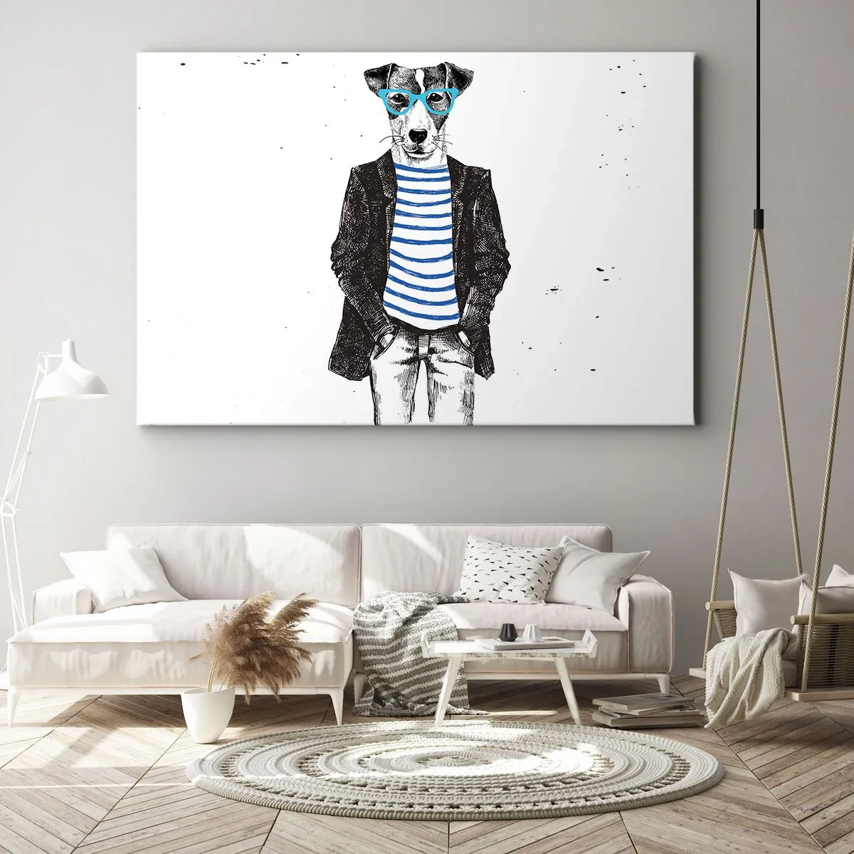 Tablou pe pânză Canvas - Portretul unui câine purtând ochelari și o cămașă de marinar, într-un stil umoristic - 70x50cm - Câinele în dungi - Decorațiune modernă pentru perete pentru living și dormitor ARTTOR