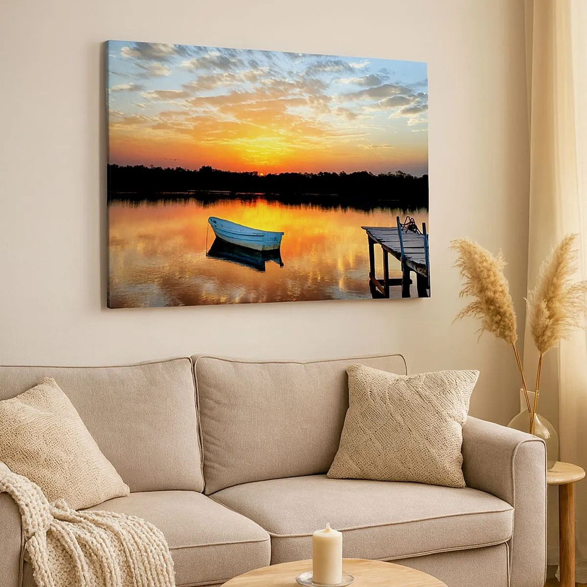 Tablou pe pânză Canvas - O barcă pe un lac liniștit la apusul soarelui - 70x50cm - Privește, ascultă, meditează - Decorațiune modernă pentru perete pentru living și dormitor ARTTOR