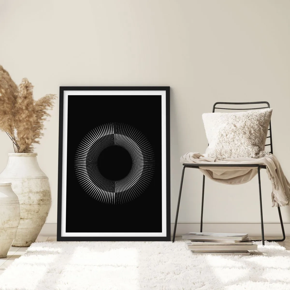 Poster în ramă neagră - compoziție fascinantă a unui cerc luminos pe un fundal negru. - 50x70cm - Soarele Negru - Decorațiune modernă pentru perete pentru living și dormitor ARTTOR