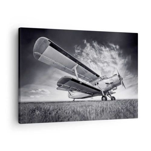 Tablou pe pânză Canvas - Un avion pe un cer dramatic în alb și negru - 70x50cm - Rătăcitorul înaripat - Decorațiune modernă pentru perete pentru living și dormitor ARTTOR