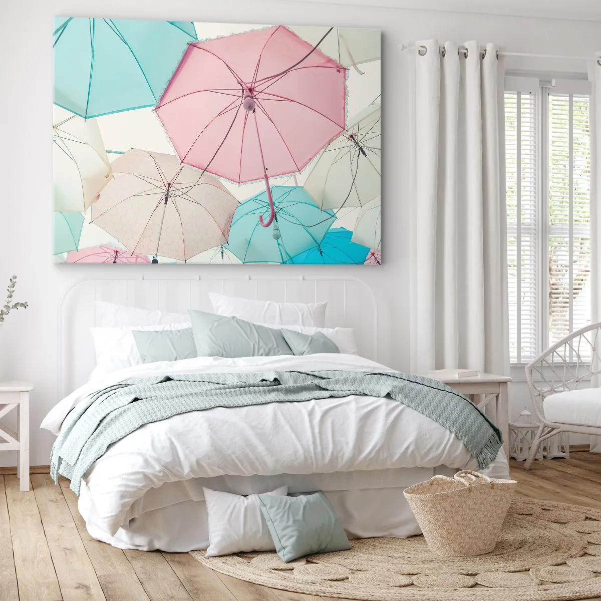 Tablou pe pânză Canvas - Umbrele pastelate pe un cer luminos - 70x50cm - Uneori soare, alteori ploaie - Decorațiune modernă pentru perete pentru living și dormitor ARTTOR