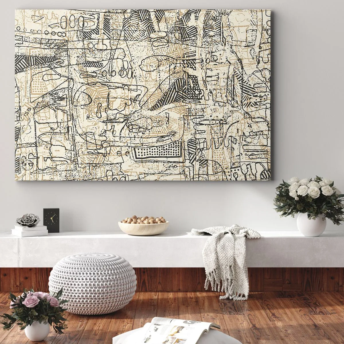 Tablou pe pânză Canvas - Modele și linii abstracte pe un fundal bej - 70x50cm - Așteaptă să fie descifrat - Decorațiune modernă pentru perete pentru living și dormitor ARTTOR