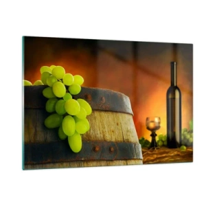 Tablou pe sticlă - Natură moartă cu o sticlă de vin și un ciorchine de struguri - 120x80 cm