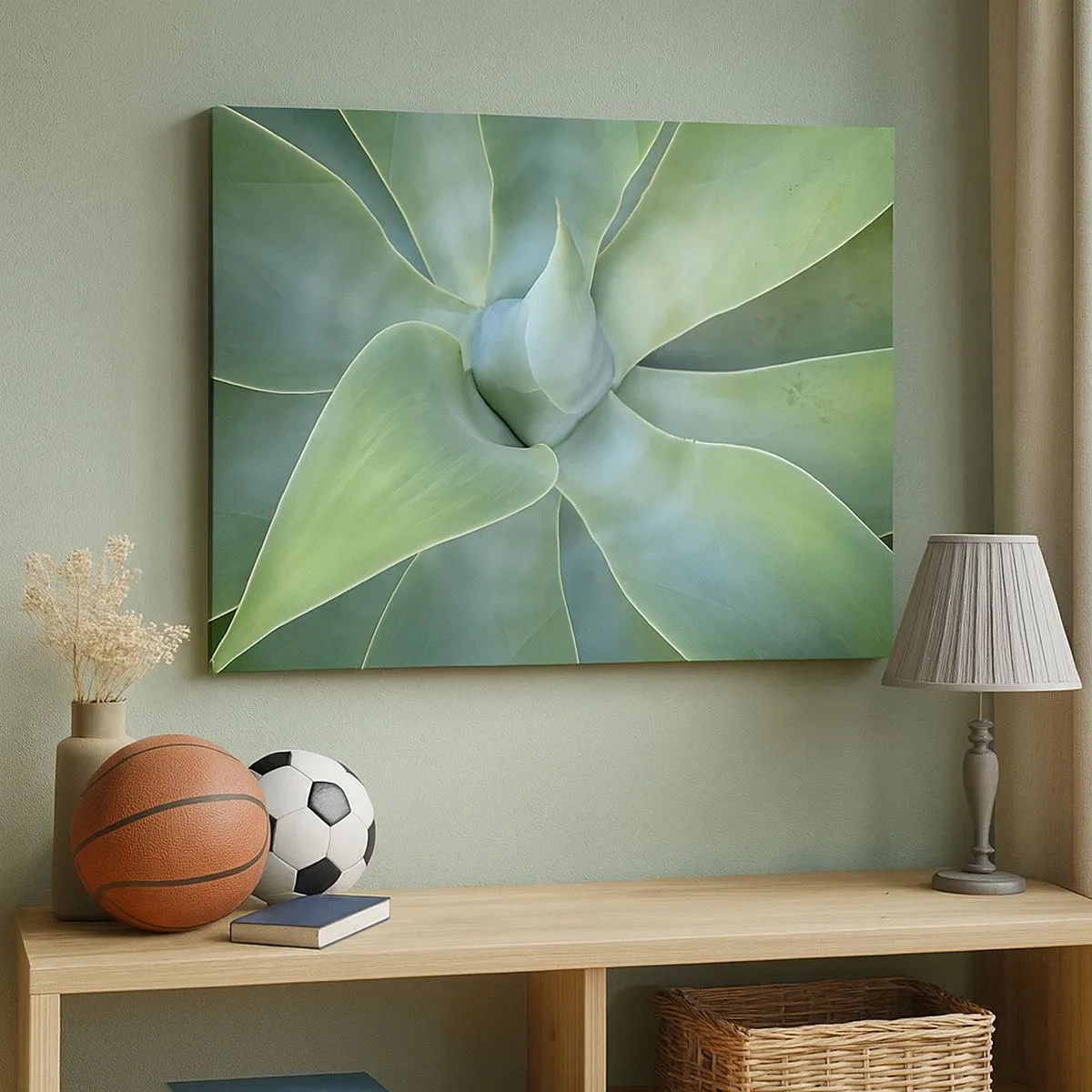 Tablou pe pânză Canvas - Frunze subtile de agave în nuanțe de verde - 70x50cm - Nașterea verdeții - Decorațiune modernă pentru perete pentru living și dormitor ARTTOR