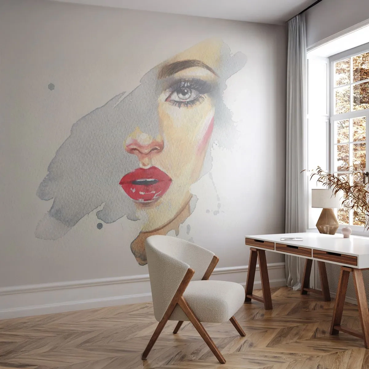 Tapet Premium Sand - Reflecție într-o picătură de apă - Chipul de femeie, Femeie, buze rosii - 100x70 cm