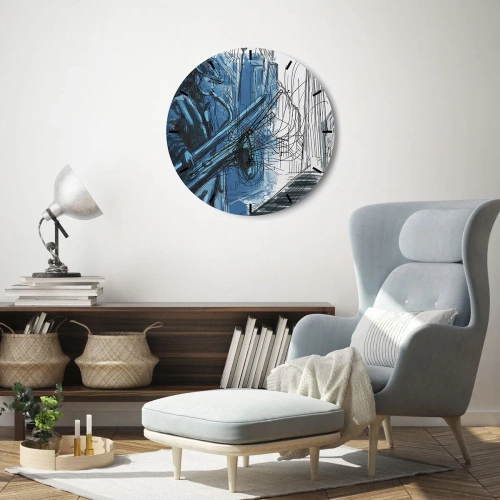 Ceas de perete - Ceas pe sticlă - Un muzician de jazz într-o interpretare artistică - 30x30cm - Rapsodie urbană - Decorațiune modernă pentru perete pentru living, bucătărie și dormitor ARTTOR