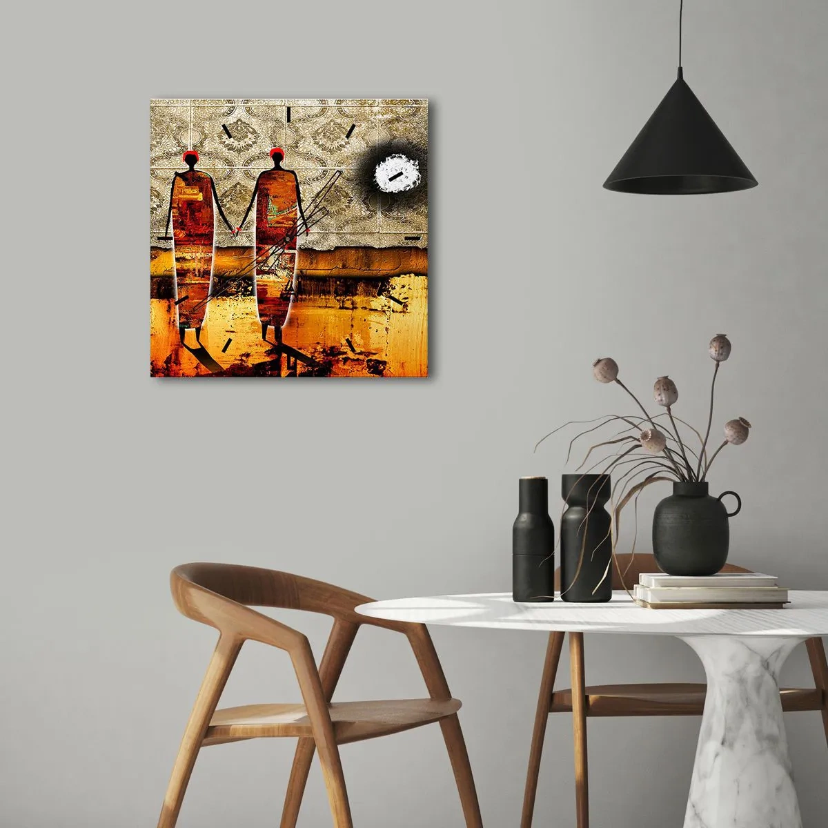 Ceas de perete - Ceas pe sticlă - Compoziție etnică în culorile Africii - 40x40 cm