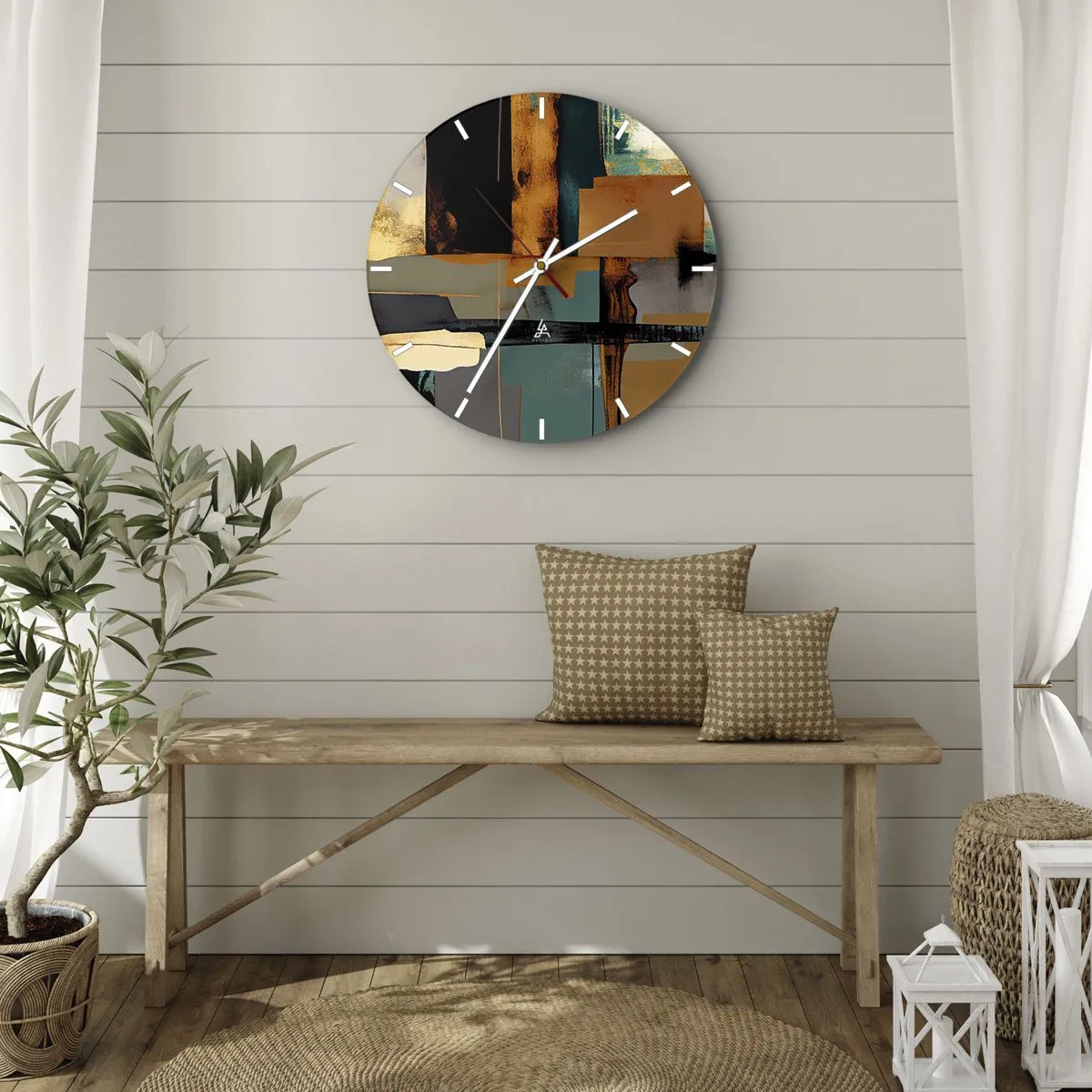 Ceas de perete - Ceas pe sticlă - Abstracție modernă cu contrast de auriu, negru și albastru - 30x30cm - Abstracția - lumină și umbră - Decorațiune modernă pentru perete pentru living, bucătărie și dormitor ARTTOR