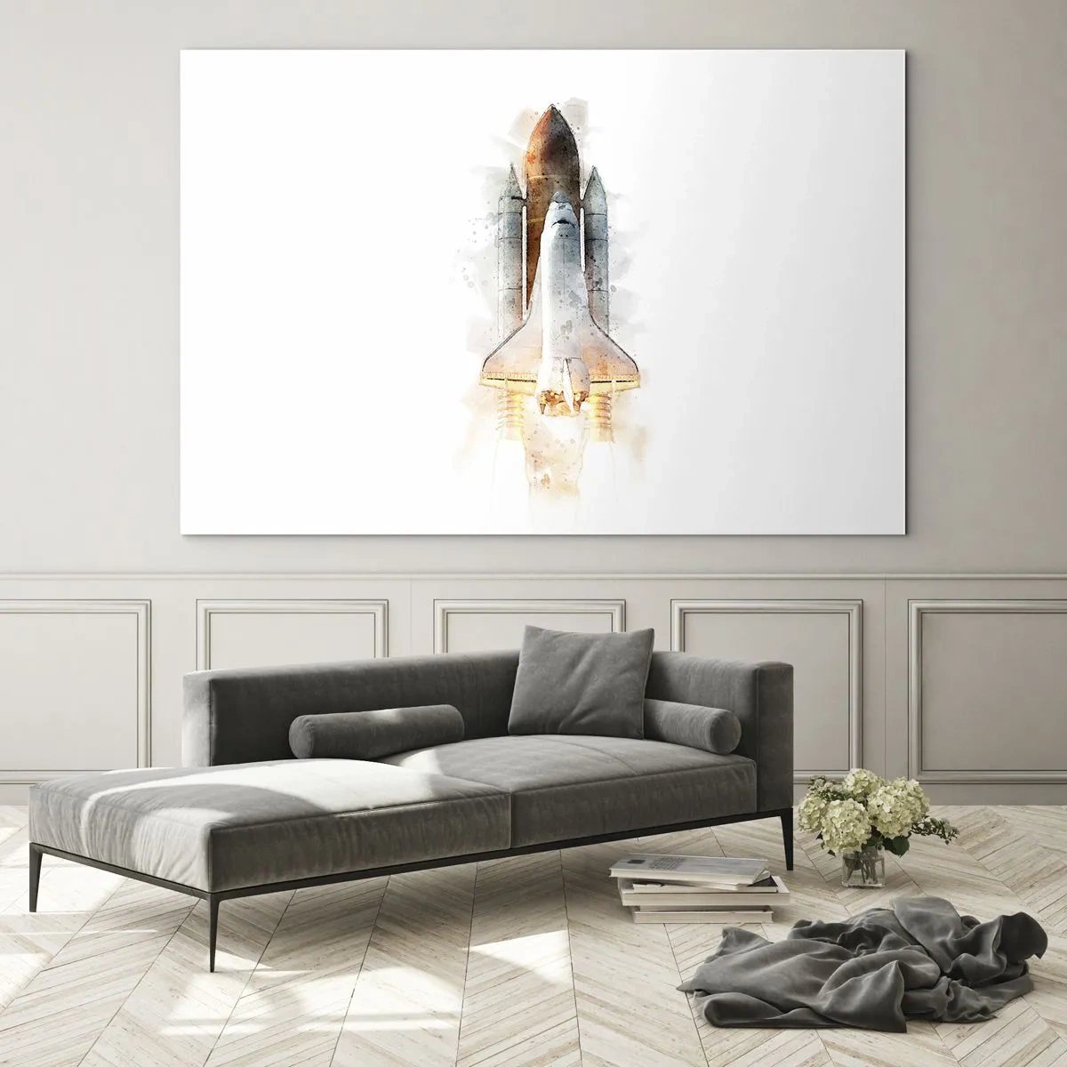 Tablou pe sticlă - O navetă spațială decolând în stil acuarelă pe fundal alb. - 70x50cm - Exploratorii la start - Decorațiune modernă pentru perete pentru living și dormitor ARTTOR